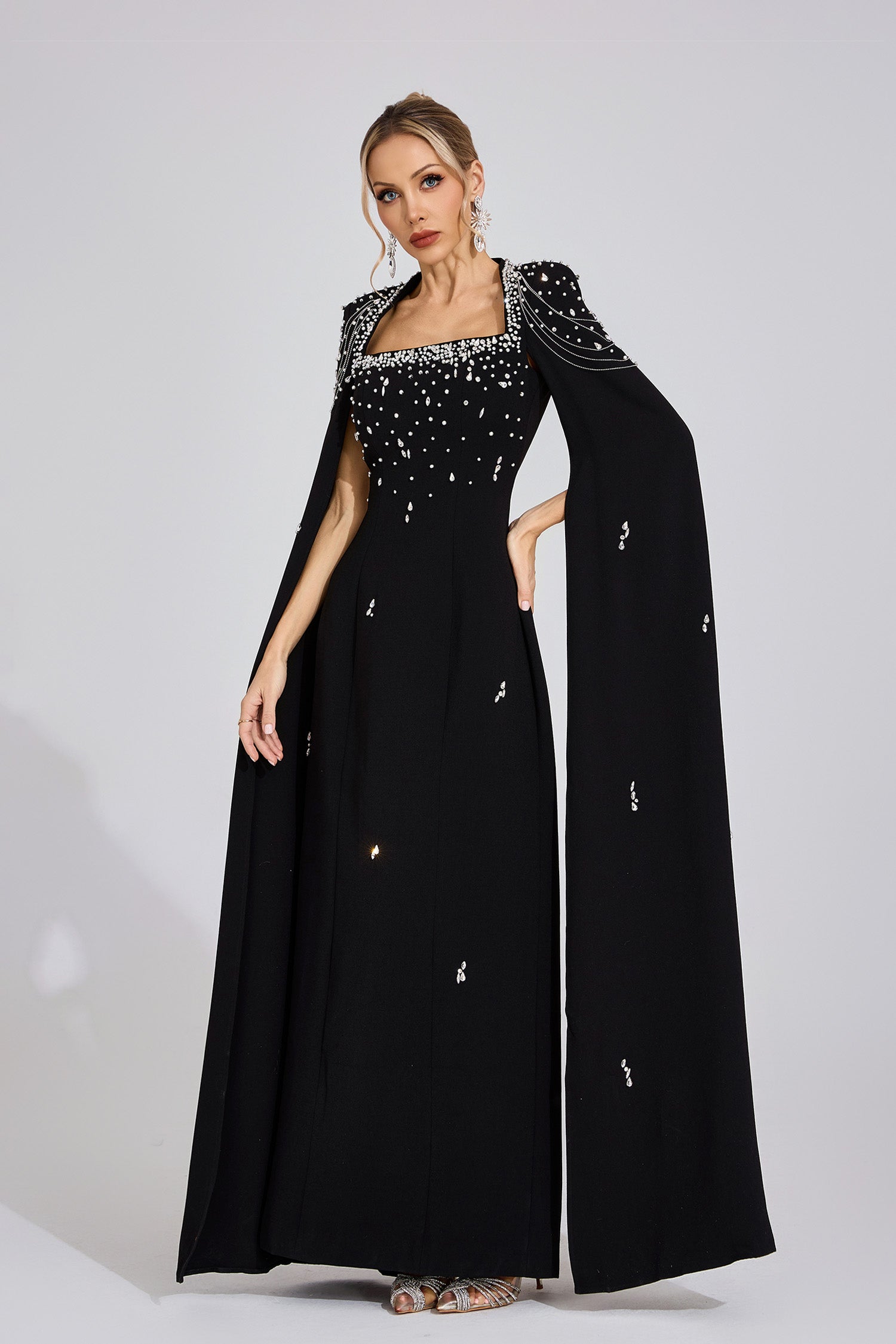 Kaeifa Black Crystal Beaded Square Neck Cape Sleeve Maxi Dress