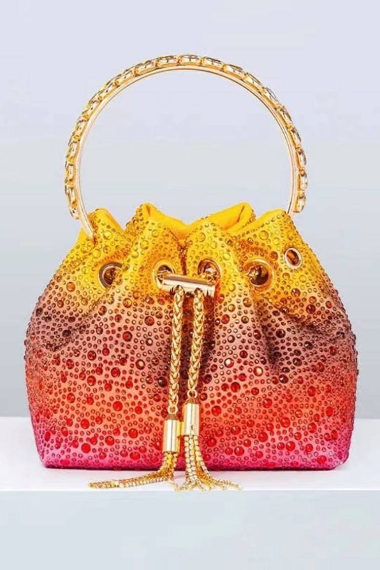 Kaeifa Yellow Red Ombre Rhinestone Drawstring Bucket Bag Gold Handle