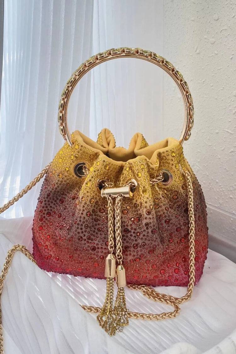 Kaeifa Yellow Red Ombre Rhinestone Drawstring Bucket Bag Gold Handle