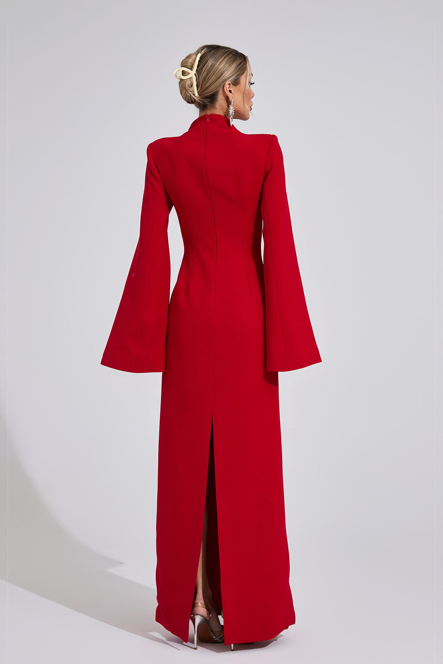 Kaeifa Red Black Floral Beaded High Neck Cape Sleeve Formal Maxi Dress