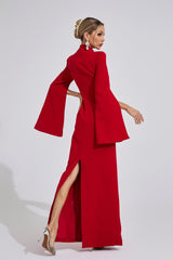 Kaeifa Red Black Floral Beaded High Neck Cape Sleeve Formal Maxi Dress