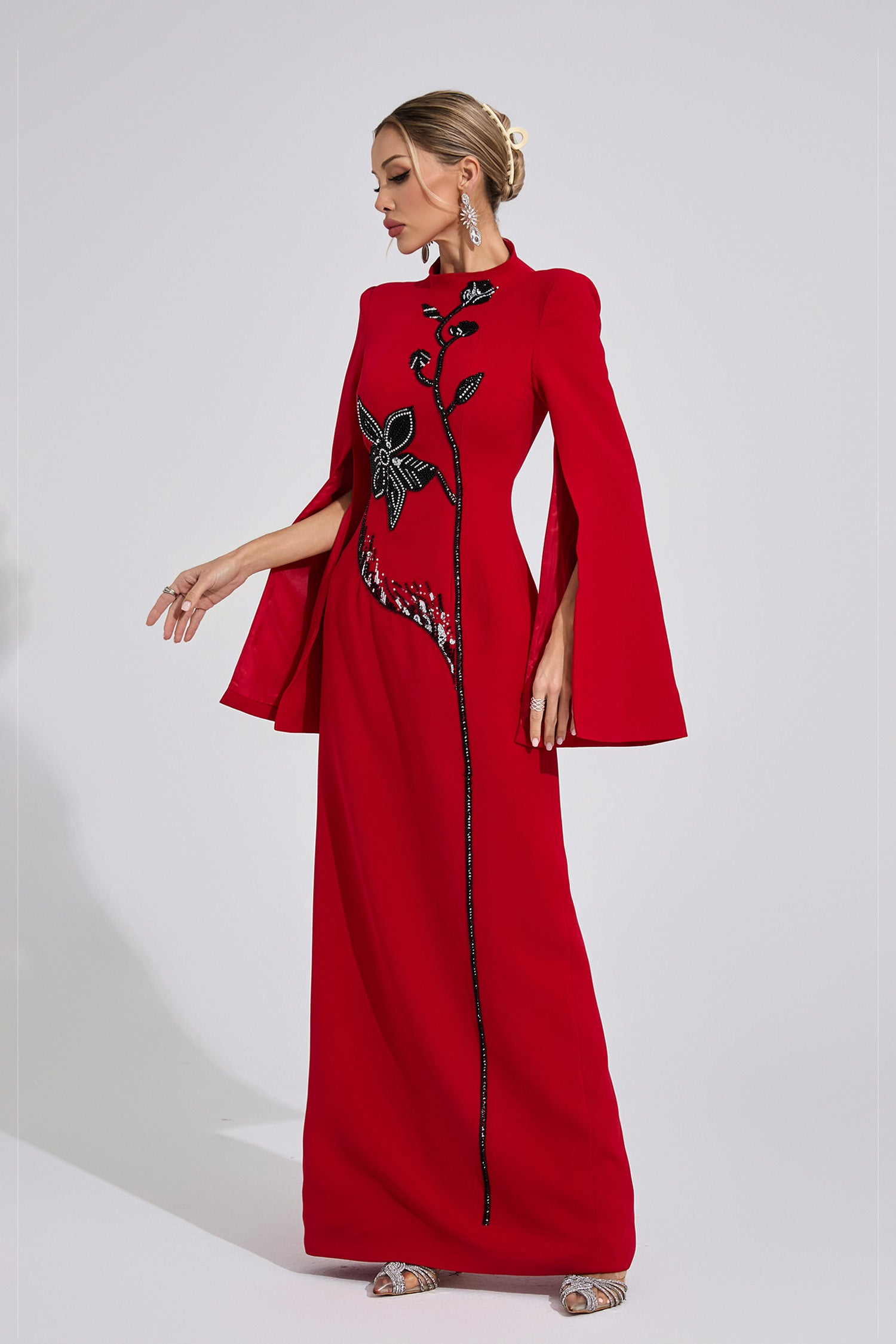 Kaeifa Red Black Floral Beaded High Neck Cape Sleeve Formal Maxi Dress