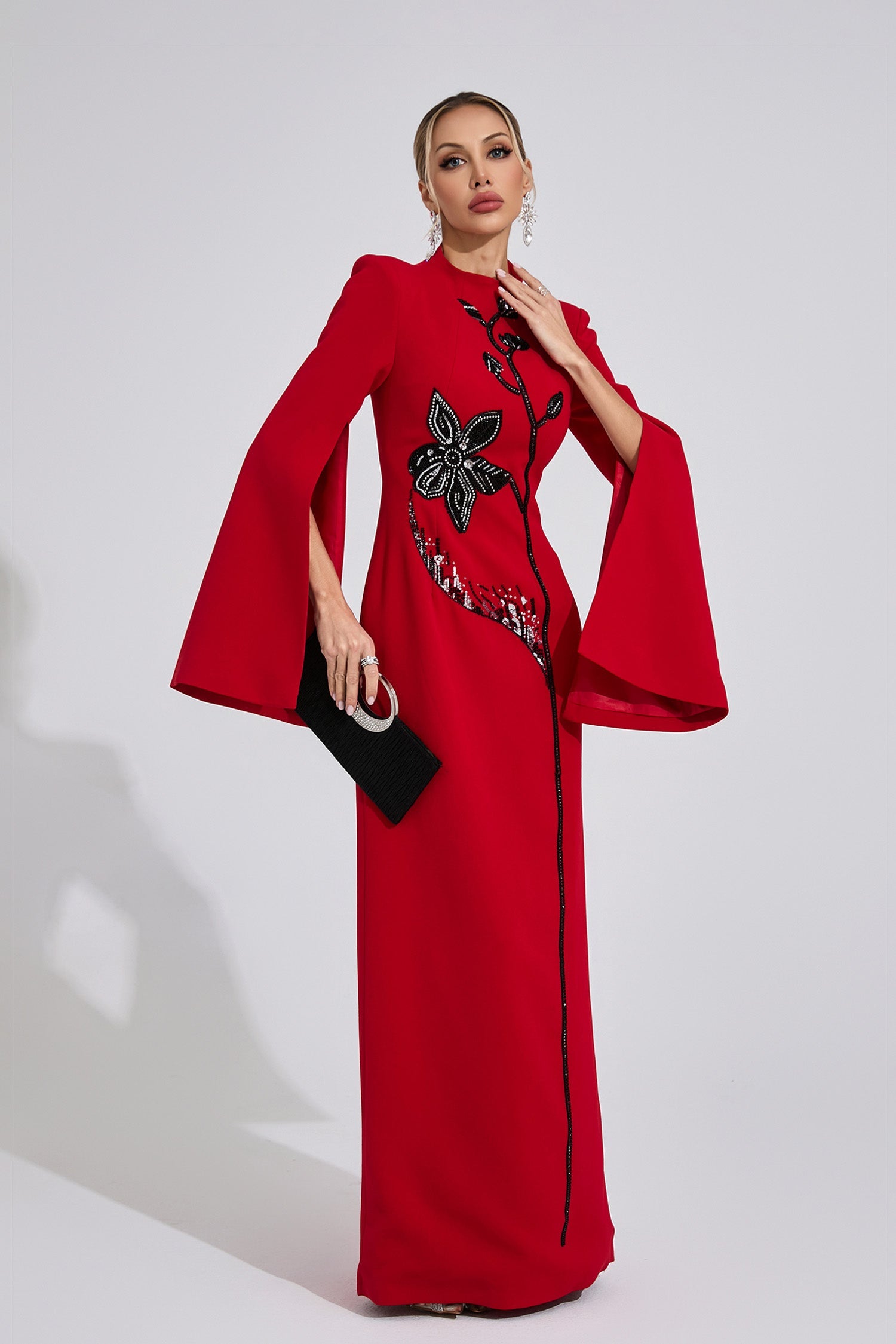 Kaeifa Red Black Floral Beaded High Neck Cape Sleeve Formal Maxi Dress