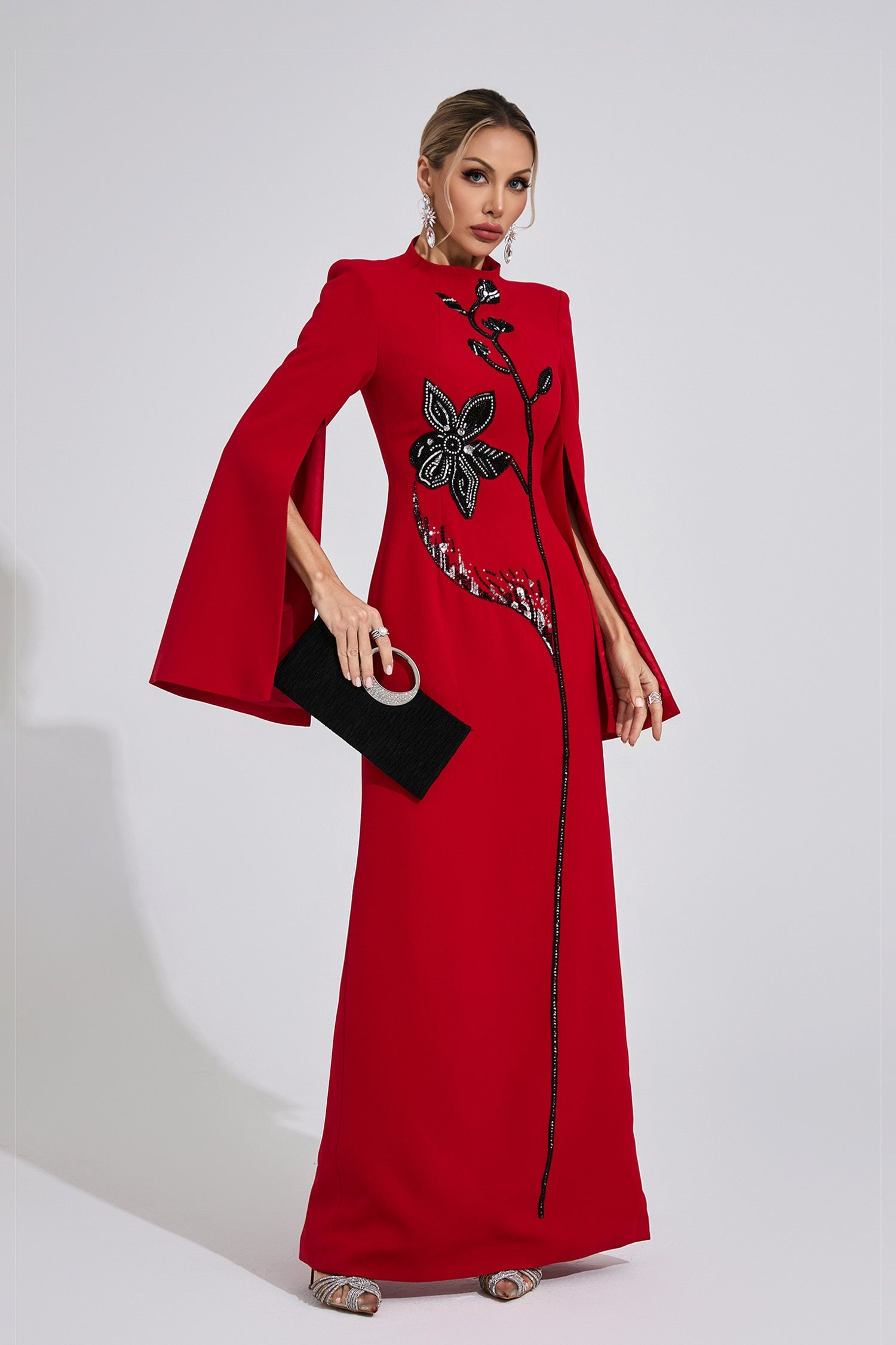 Kaeifa Red Black Floral Beaded High Neck Cape Sleeve Formal Maxi Dress