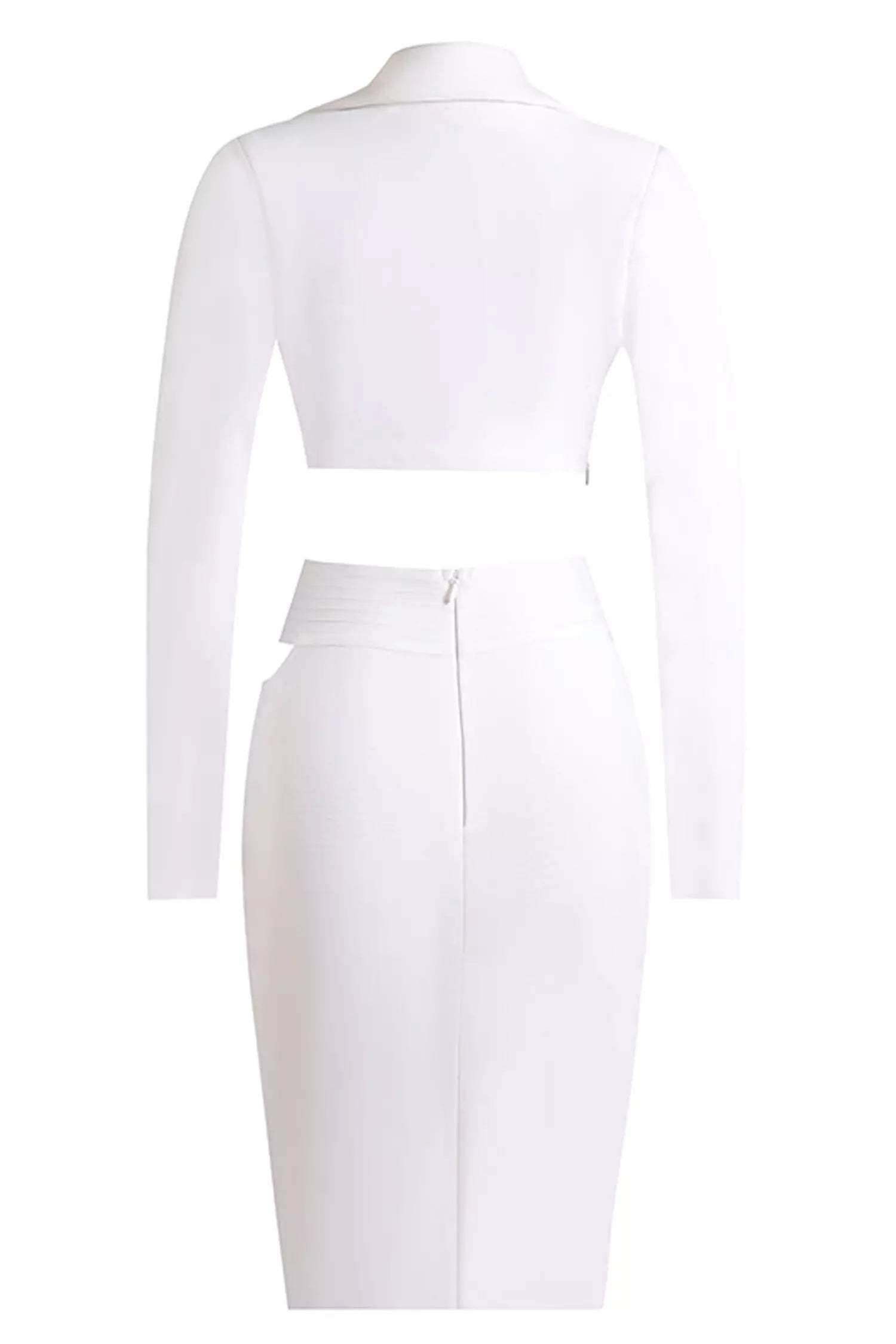 Kaeifa White Blazer Collar Cutout Ruched Waist Long Sleeve Midi Dress