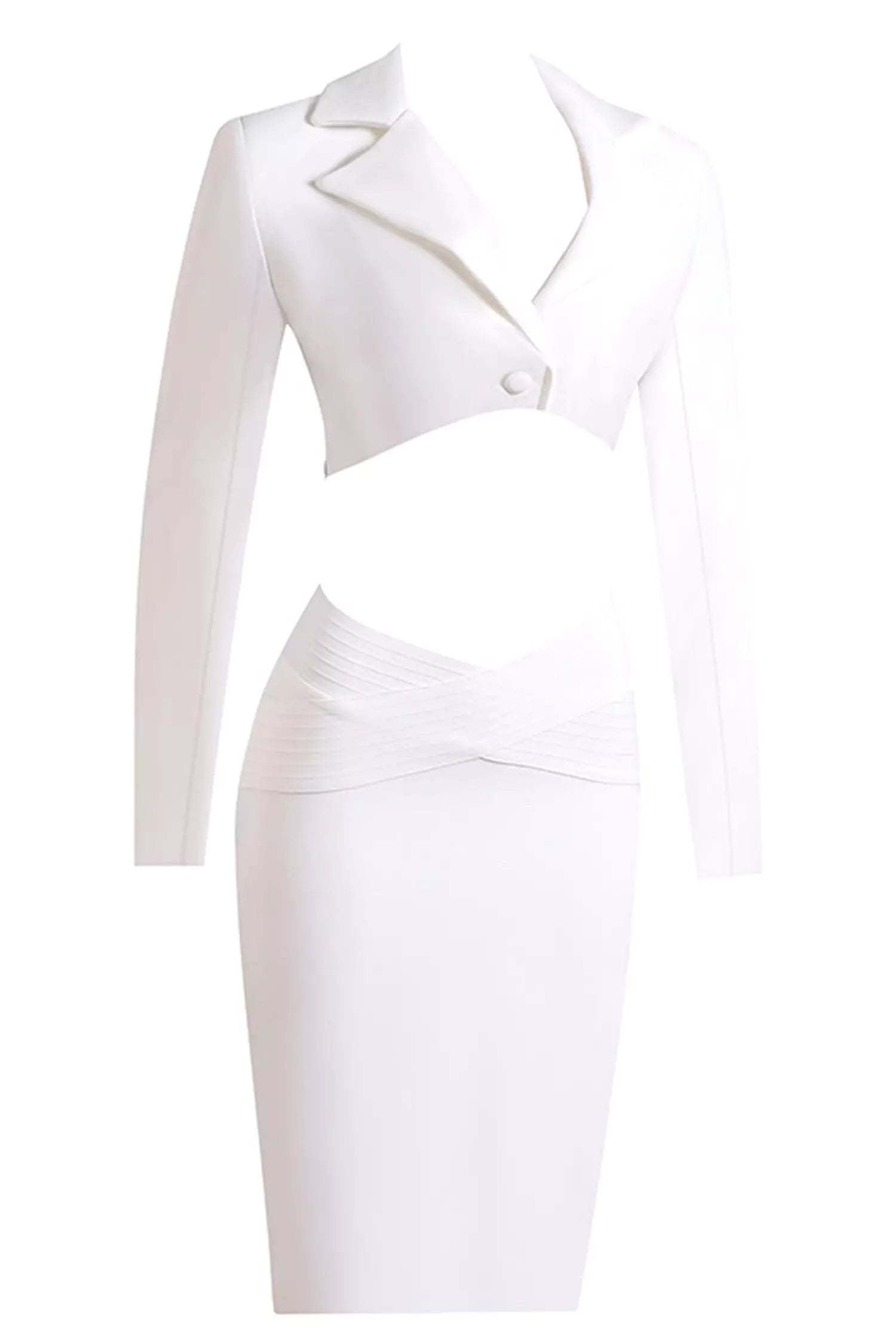 Kaeifa White Blazer Collar Cutout Ruched Waist Long Sleeve Midi Dress