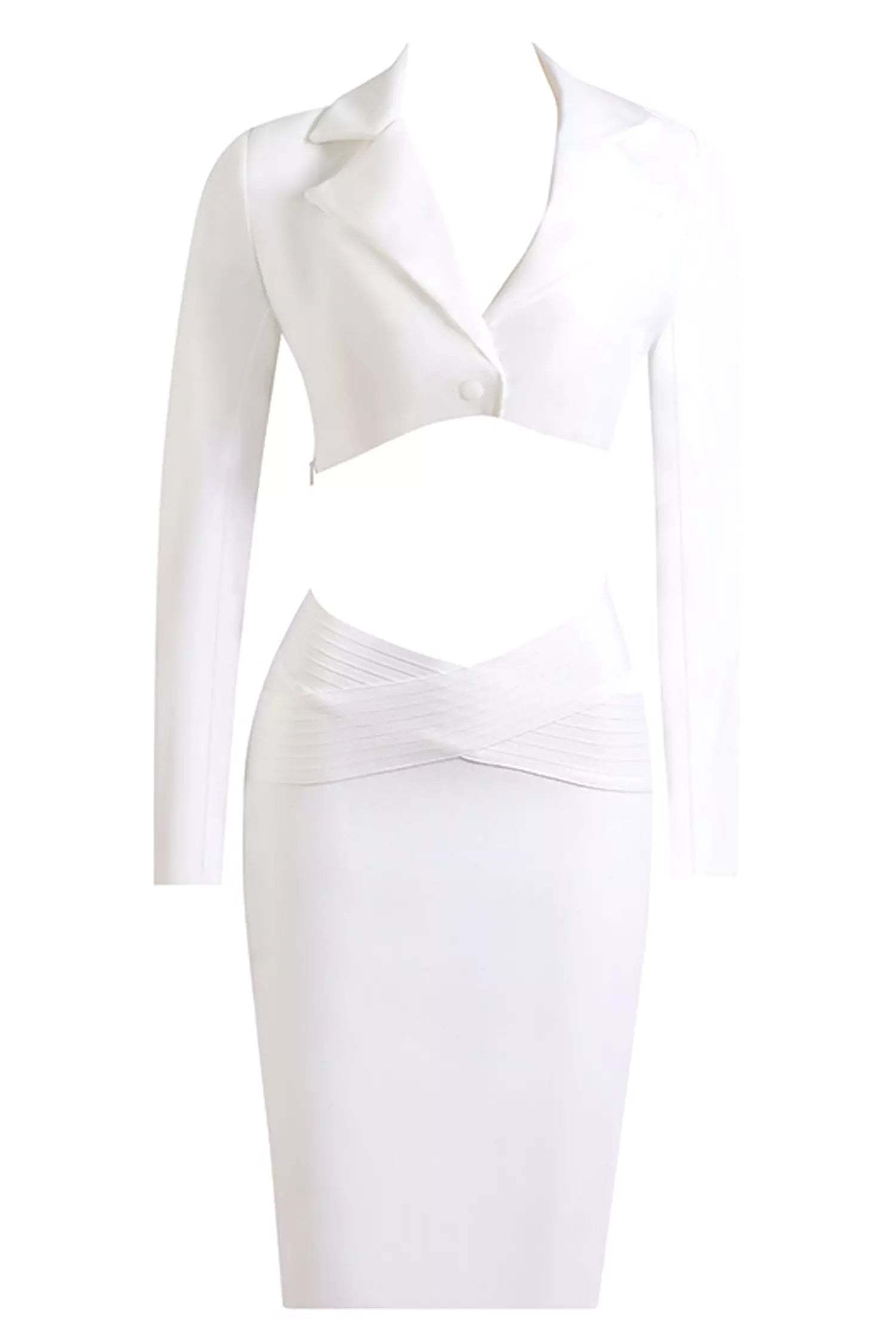 Kaeifa White Blazer Collar Cutout Ruched Waist Long Sleeve Midi Dress