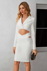 Kaeifa White Blazer Collar Cutout Ruched Waist Long Sleeve Midi Dress
