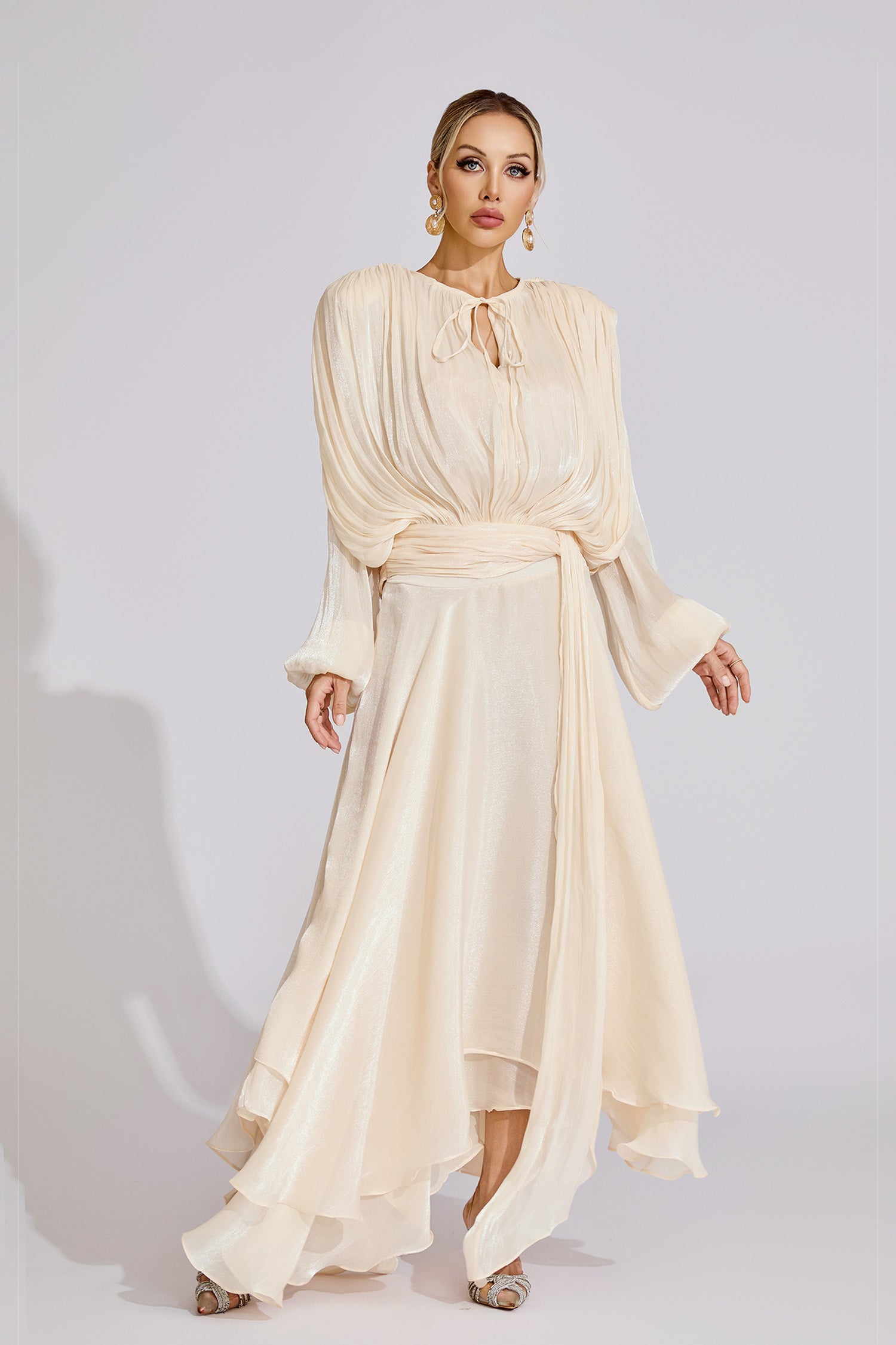 Kaeifa Cream Pleated Maxi Dress - Keyhole Neck Bishop Sleeve Belted