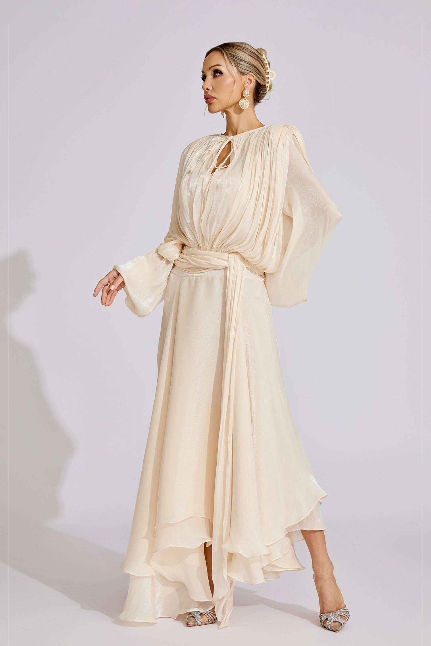 Kaeifa Cream Pleated Maxi Dress - Keyhole Neck Bishop Sleeve Belted