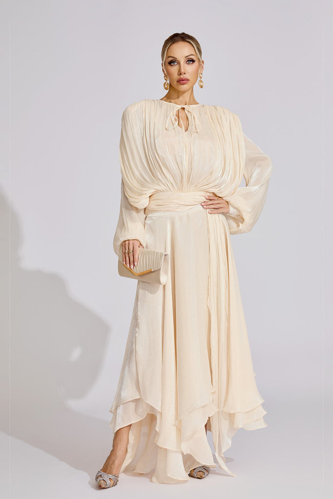 Kaeifa Cream Pleated Maxi Dress - Keyhole Neck Bishop Sleeve Belted Kaeifa Cream Pleated Maxi Dress - Keyhole Neck Bishop Sleeve Belted