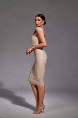 Kaeifa Gold Bandage Bodycon Midi Dress - Off Shoulder