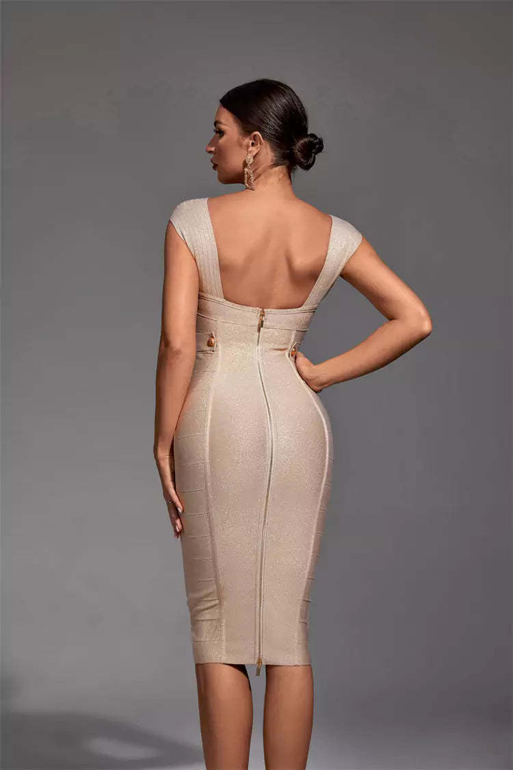 Kaeifa Gold Bandage Bodycon Midi Dress - Off Shoulder