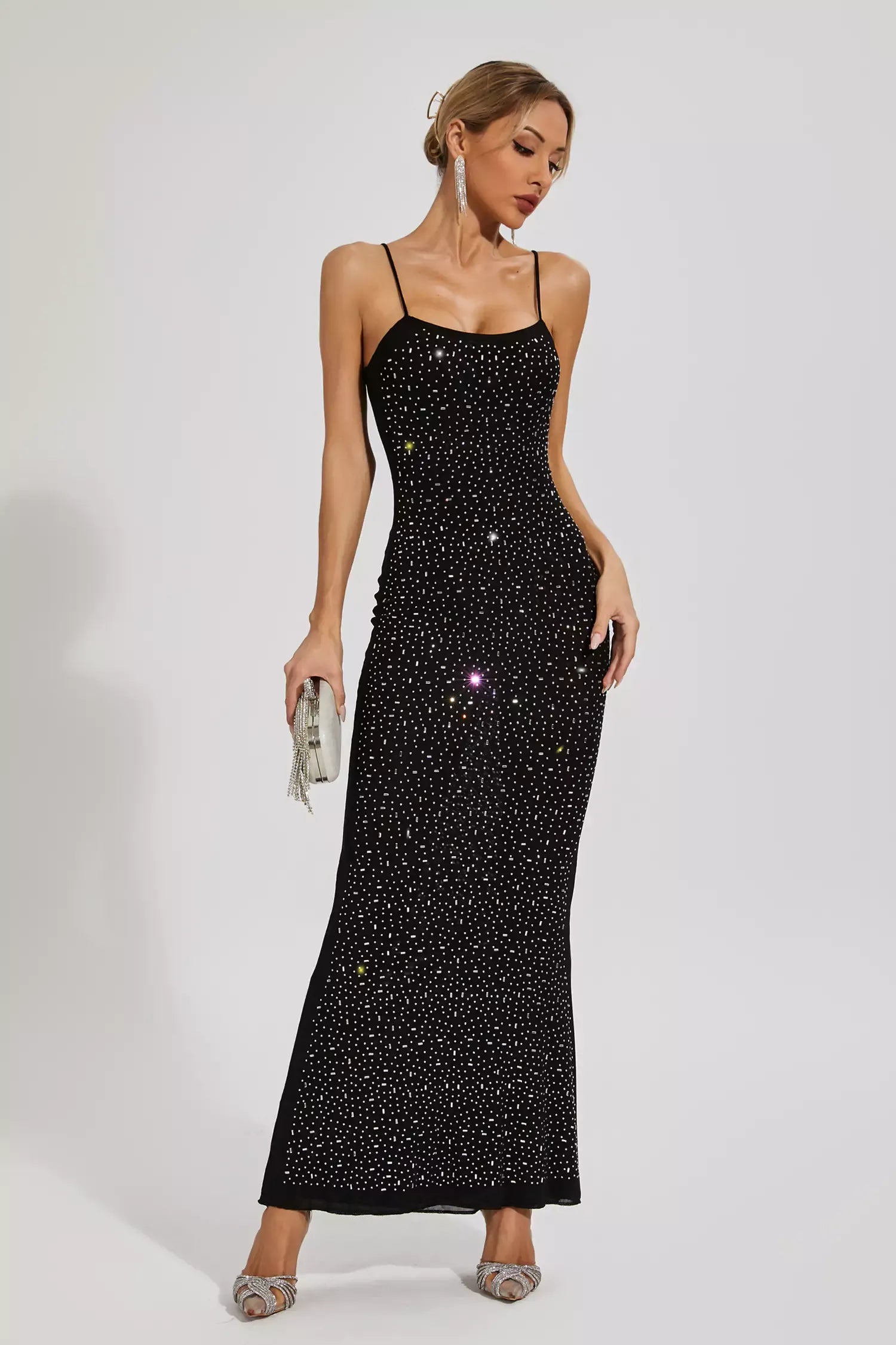 Kaeifa Black Crystal Studded Spaghetti Strap Bodycon Maxi Dress