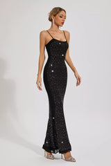 Kaeifa Black Crystal Studded Spaghetti Strap Bodycon Maxi Dress