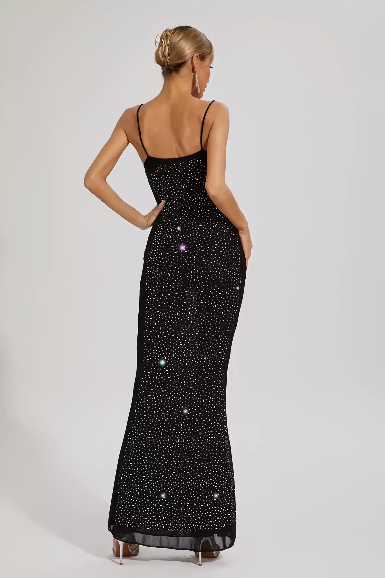 Kaeifa Black Crystal Studded Spaghetti Strap Bodycon Maxi Dress