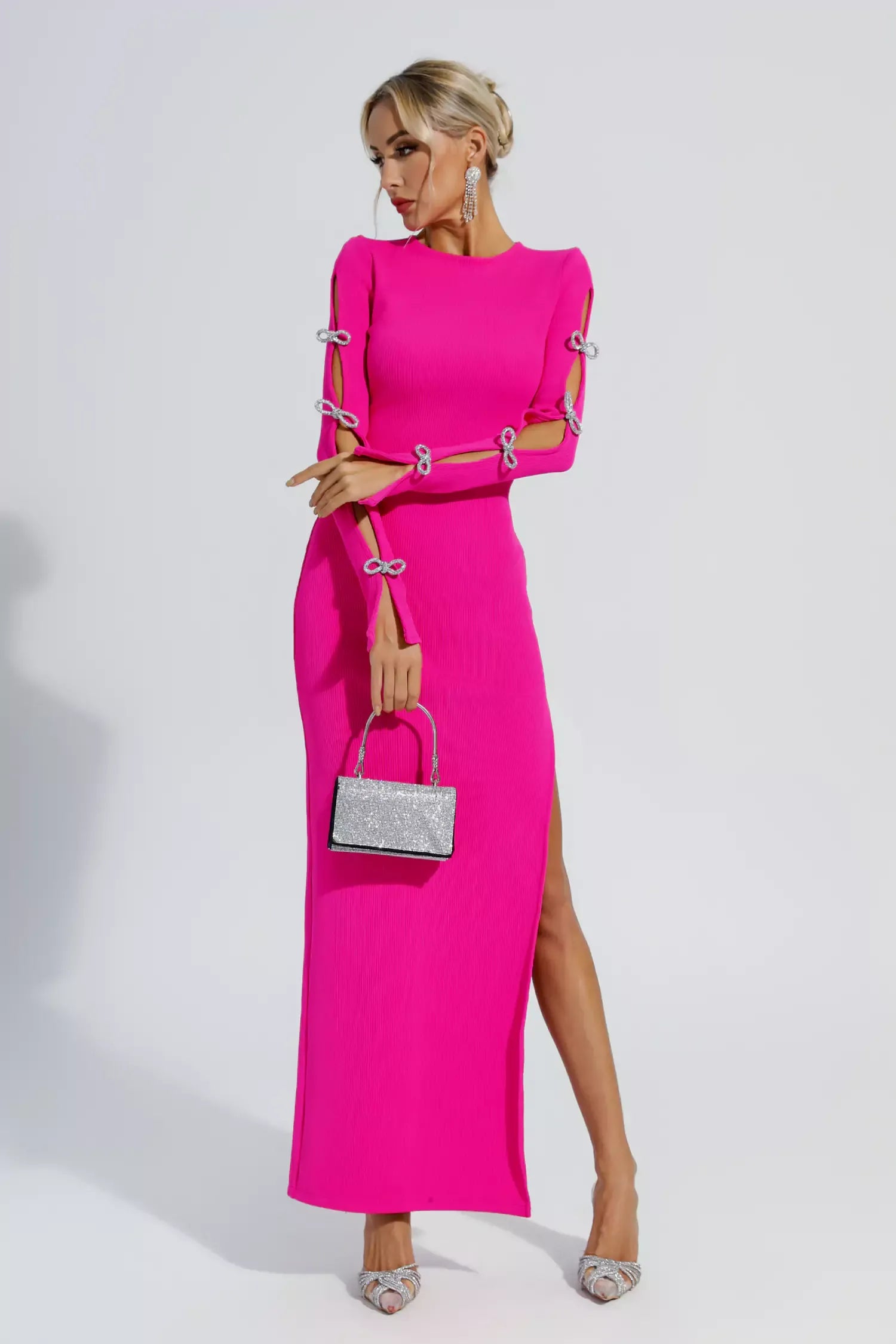 Kaeifa Fuchsia Ribbed Long Sleeve Crystal Bow Side Slit Maxi Dress