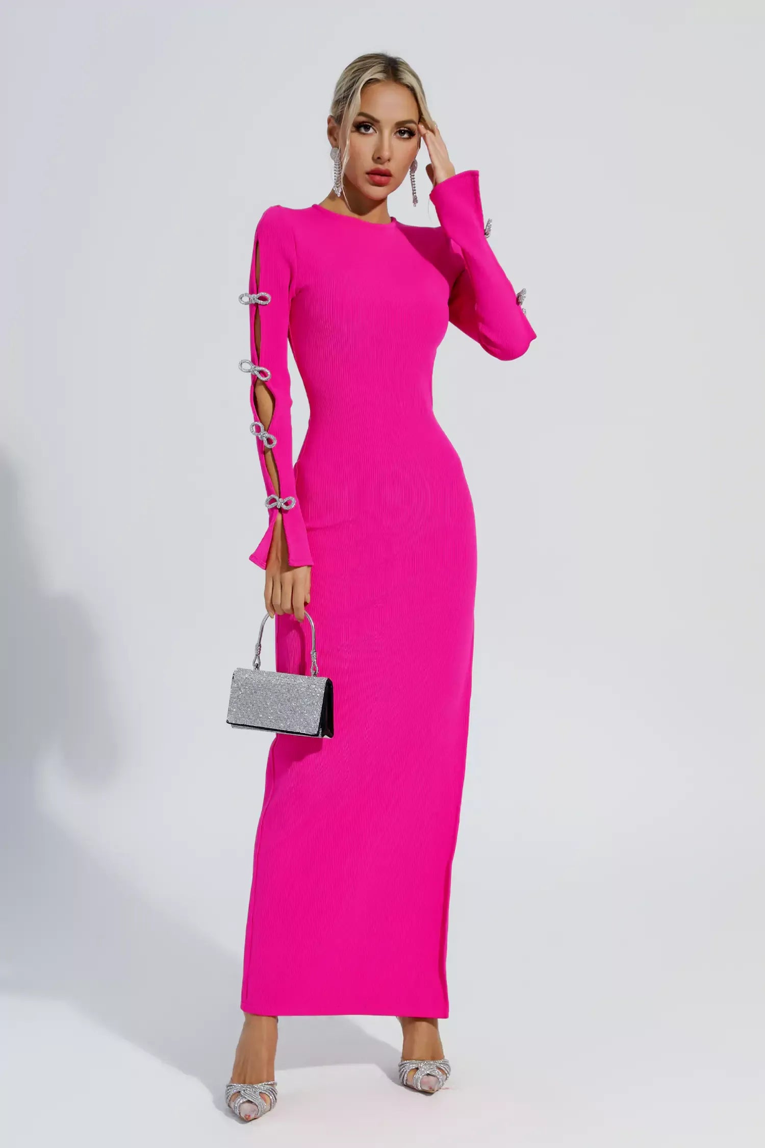 Kaeifa Fuchsia Ribbed Long Sleeve Crystal Bow Side Slit Maxi Dress