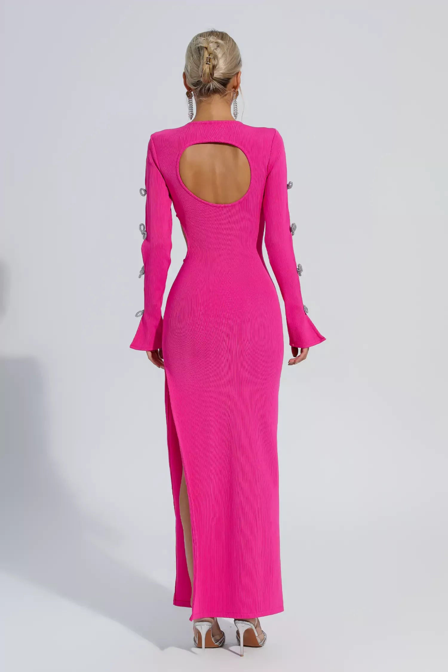Kaeifa Fuchsia Ribbed Long Sleeve Crystal Bow Side Slit Maxi Dress