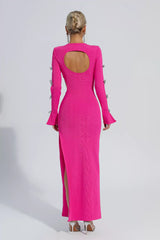 Kaeifa Fuchsia Ribbed Long Sleeve Crystal Bow Side Slit Maxi Dress
