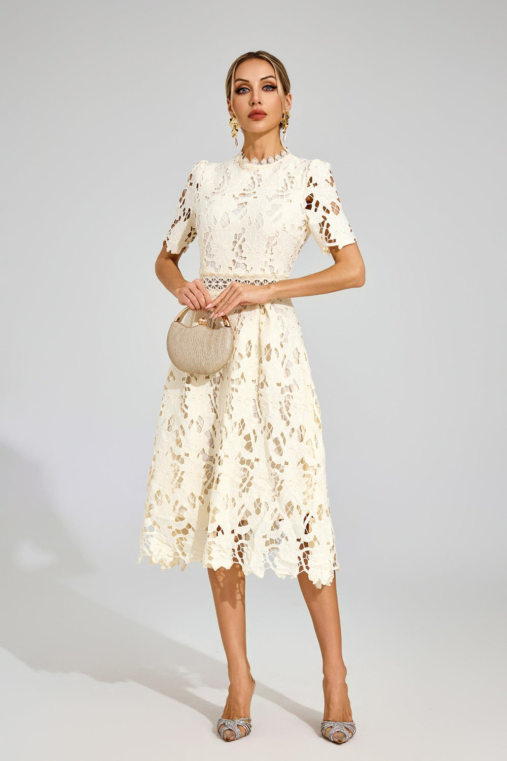 Kaeifa Cream Lace Midi Dress - High Neck Short Sleeve A-Line