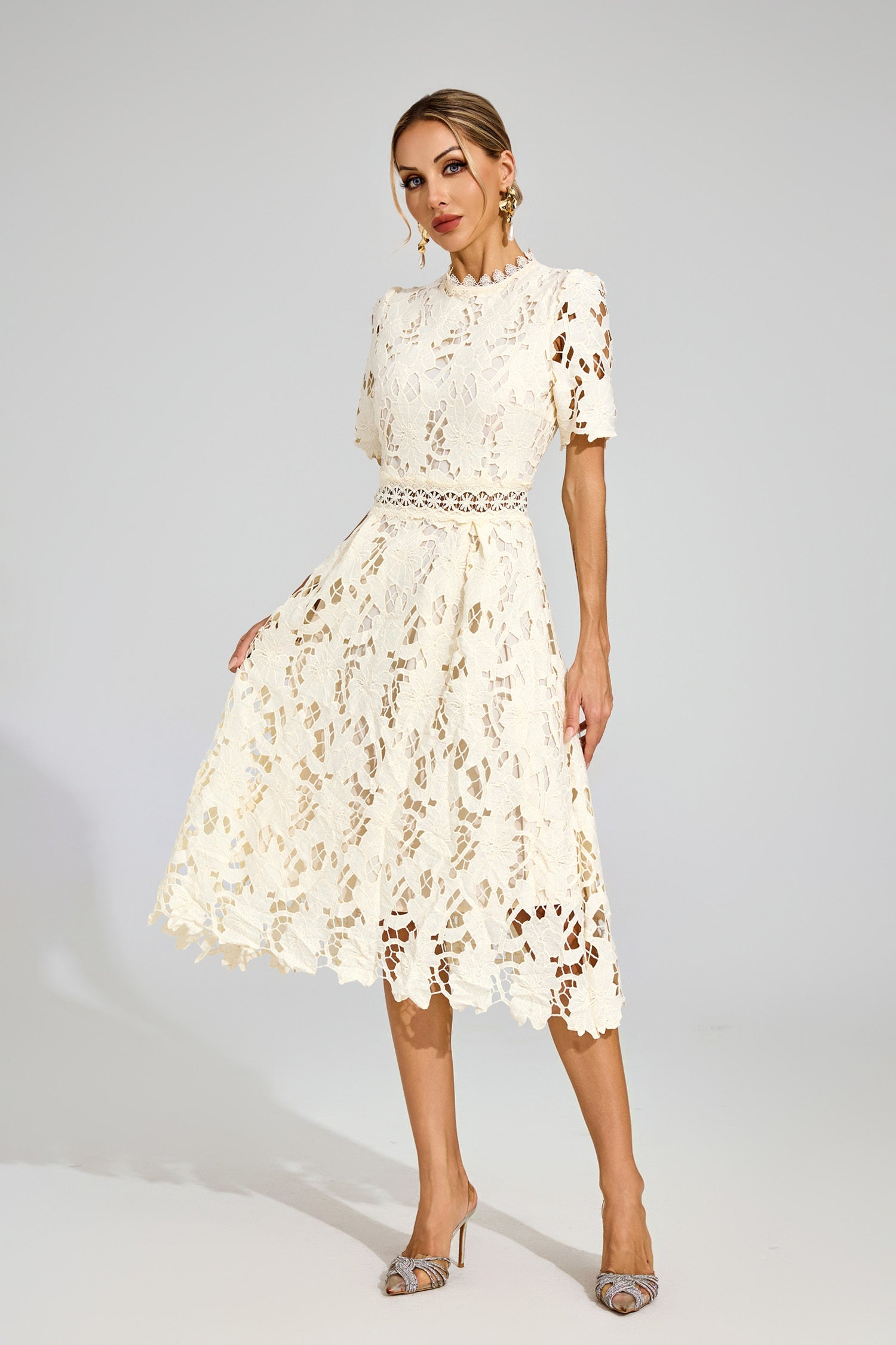 Kaeifa Cream Lace Midi Dress - High Neck Short Sleeve A-Line