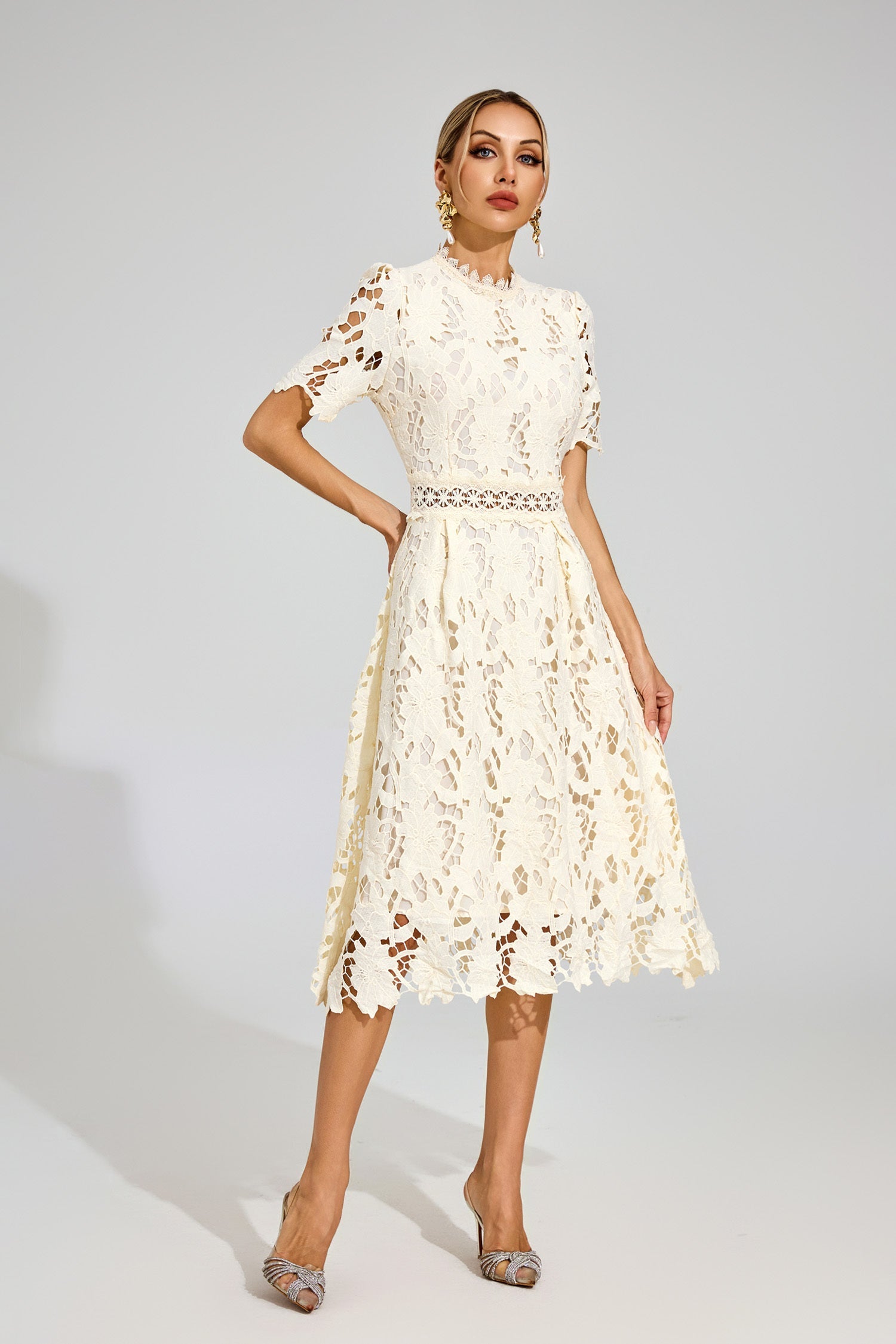 Kaeifa Cream Lace Midi Dress - High Neck Short Sleeve A-Line