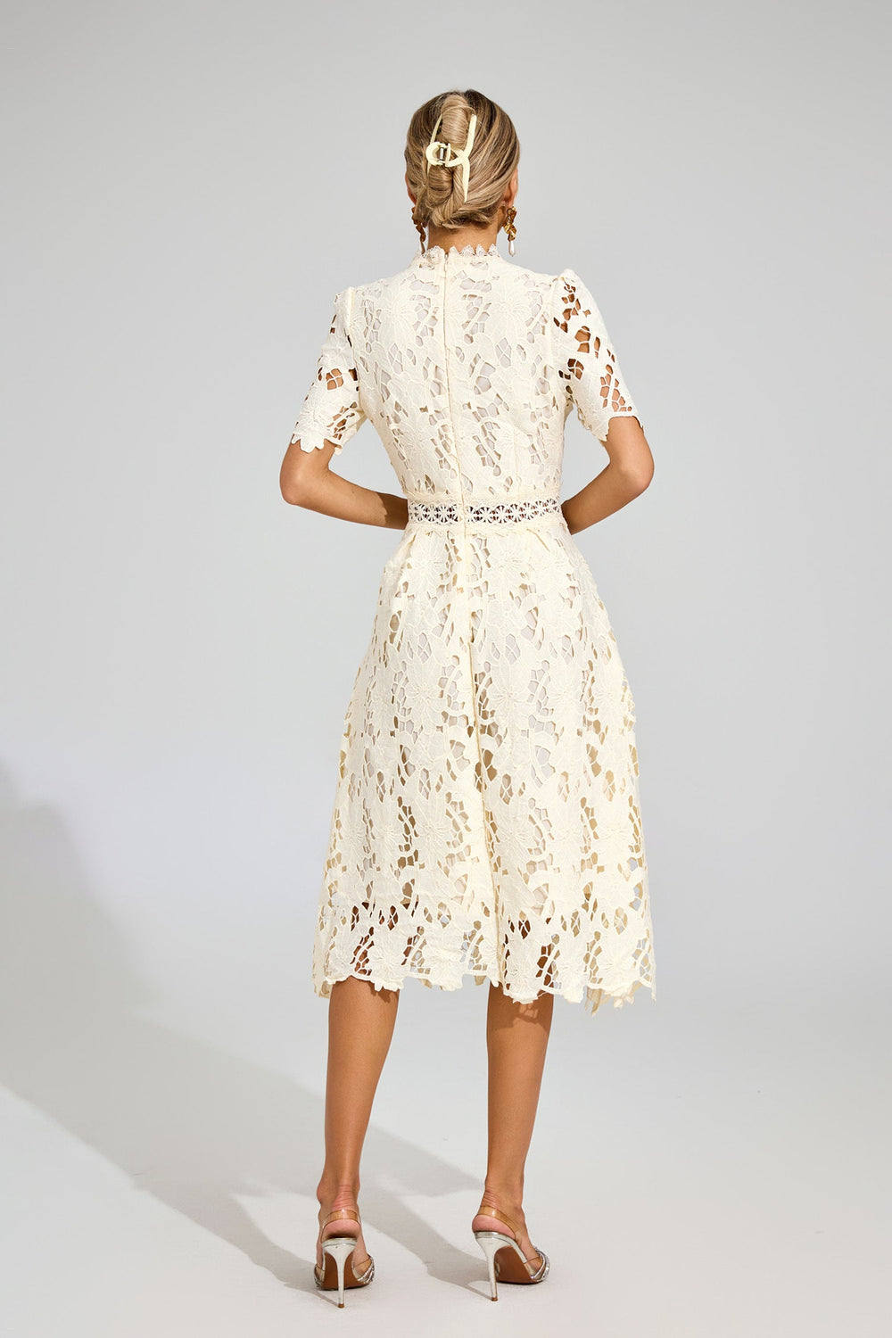Kaeifa Cream Lace Midi Dress - High Neck Short Sleeve A-Line