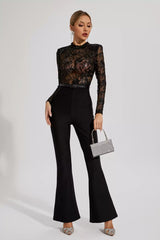 Kaeifa Black Lace Sheer Mock Neck Long Sleeve Belted Flare Jumpsuit 