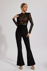 Kaeifa Black Lace Sheer Mock Neck Long Sleeve Belted Flare Jumpsuit 