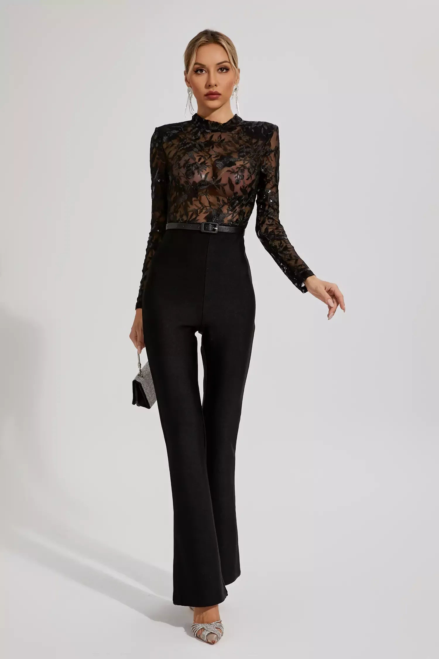 Kaeifa Black Lace Sheer Mock Neck Long Sleeve Belted Flare Jumpsuit 