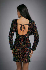 Kaeifa Black Multicolor Sequin Open Back Long Sleeve Mini Dress 
