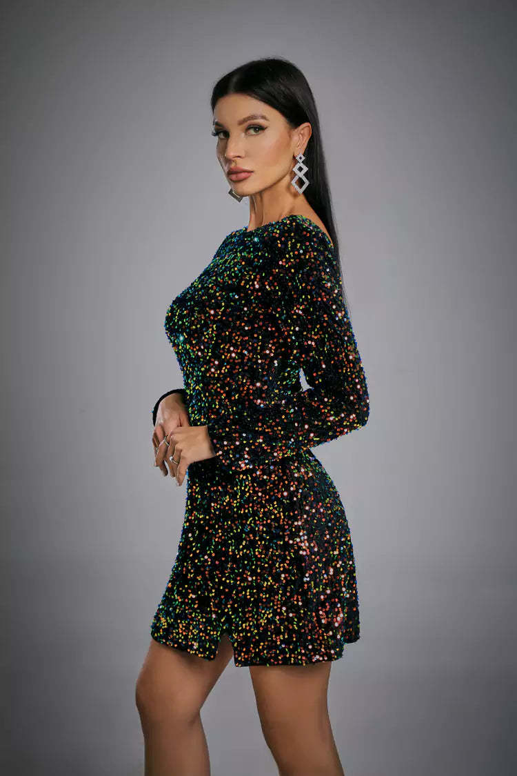 Kaeifa Black Multicolor Sequin Open Back Long Sleeve Mini Dress 