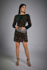 Kaeifa Black Multicolor Sequin Open Back Long Sleeve Mini Dress 