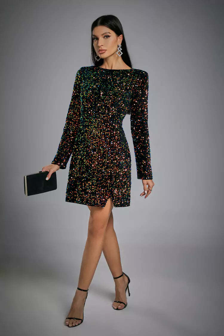 Kaeifa Black Multicolor Sequin Open Back Long Sleeve Mini Dress 