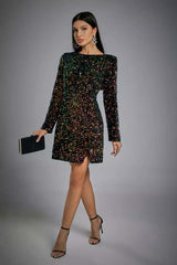 Kaeifa Black Multicolor Sequin Open Back Long Sleeve Mini Dress 