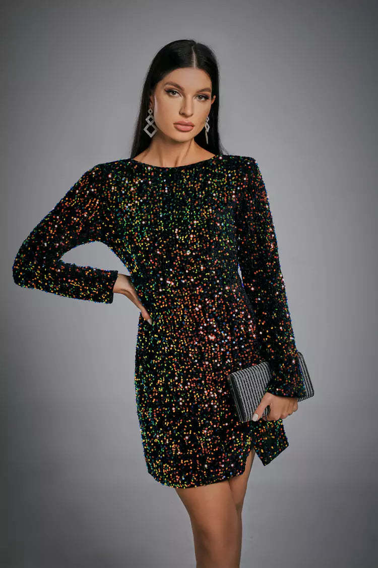 Kaeifa Black Multicolor Sequin Open Back Long Sleeve Mini Dress 