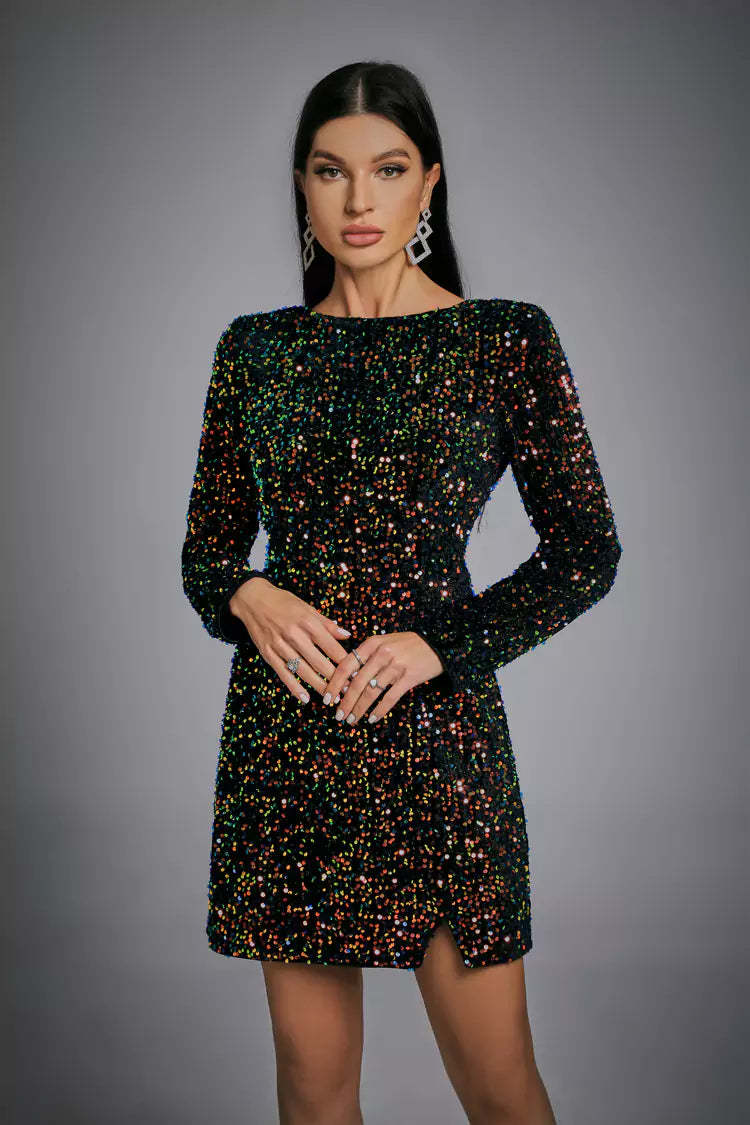 Kaeifa Black Multicolor Sequin Open Back Long Sleeve Mini Dress 