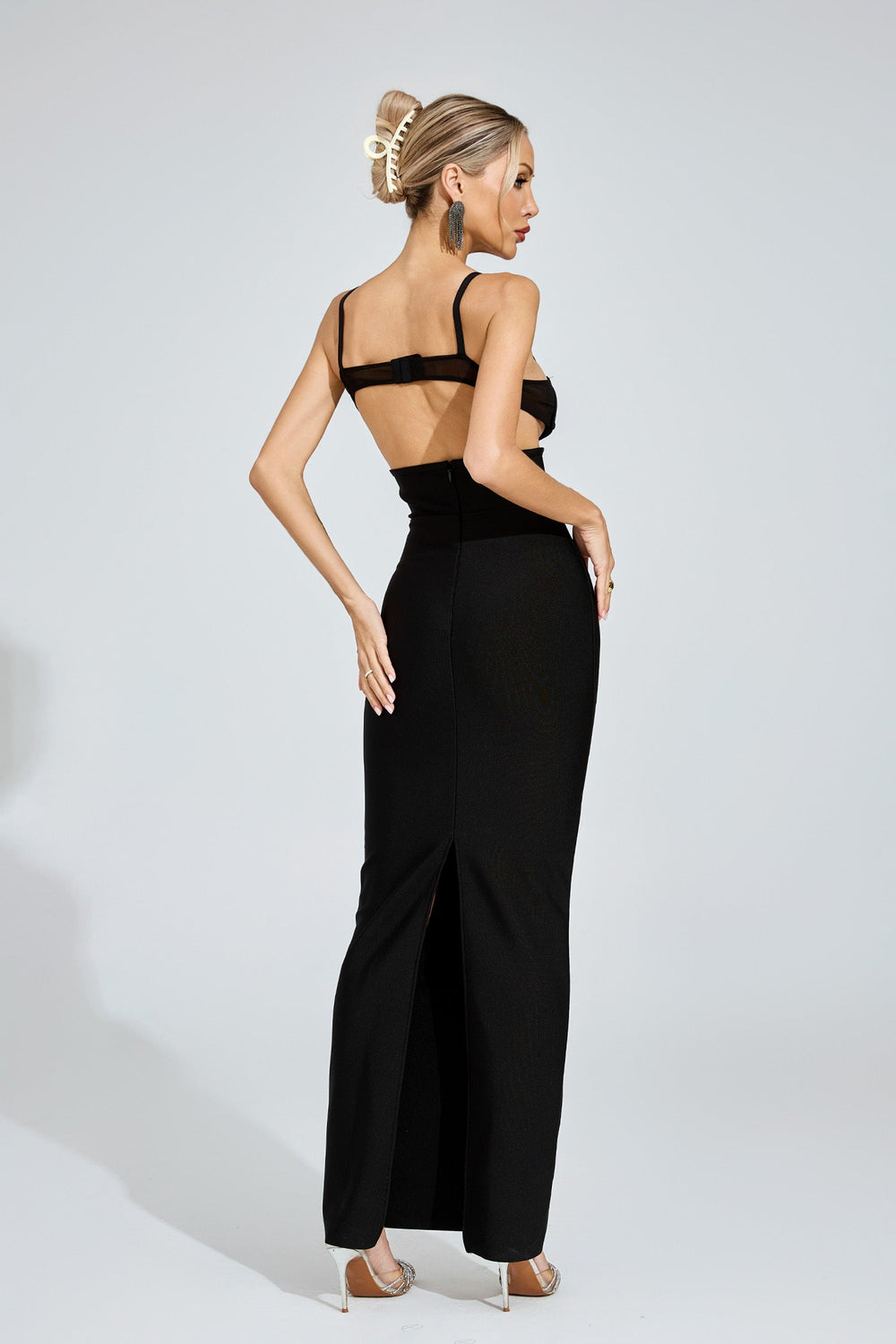 Kaeifa Black Open Back Sheer Panel Strap Bodycon Maxi Dress 