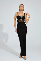 Kaeifa Black Open Back Sheer Panel Strap Bodycon Maxi Dress 