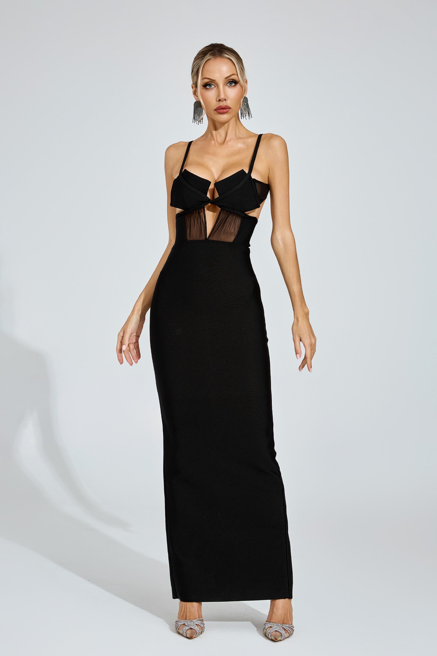 Kaeifa Black Open Back Sheer Panel Strap Bodycon Maxi Dress 