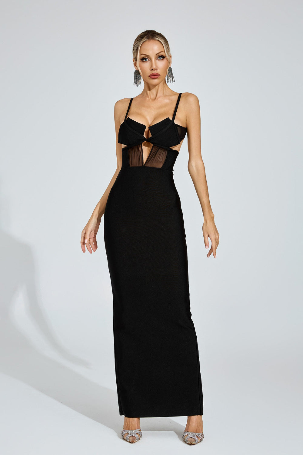 Kaeifa Black Open Back Sheer Panel Strap Bodycon Maxi Dress 