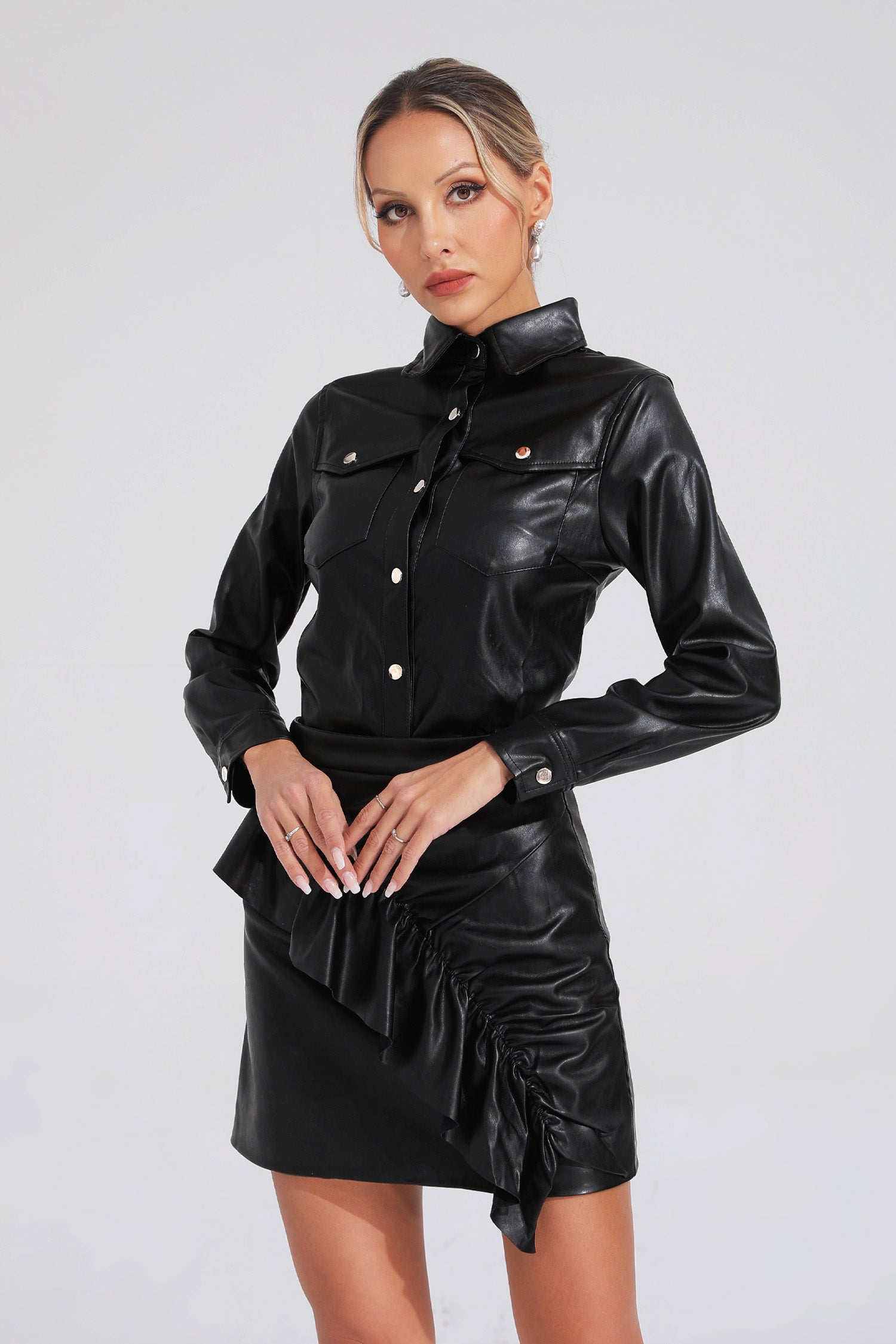 Kaeifa Black PU Leather Shirt Collar Gold Button Ruched Mini Skirt Set 