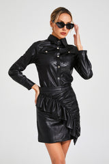 Kaeifa Black PU Leather Shirt Collar Gold Button Ruched Mini Skirt Set 
