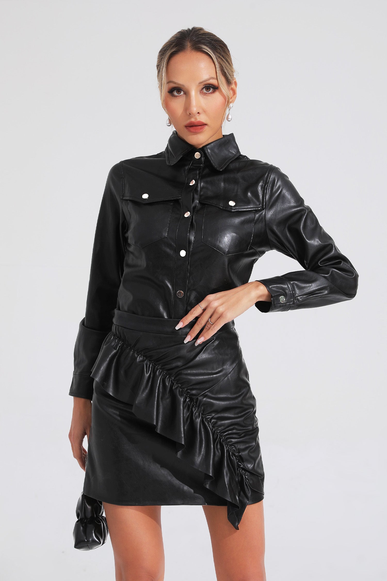 Kaeifa Black PU Leather Shirt Collar Gold Button Ruched Mini Skirt Set 