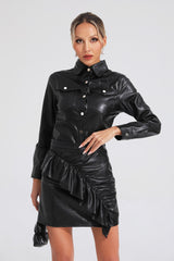 Kaeifa Black PU Leather Shirt Collar Gold Button Ruched Mini Skirt Set 