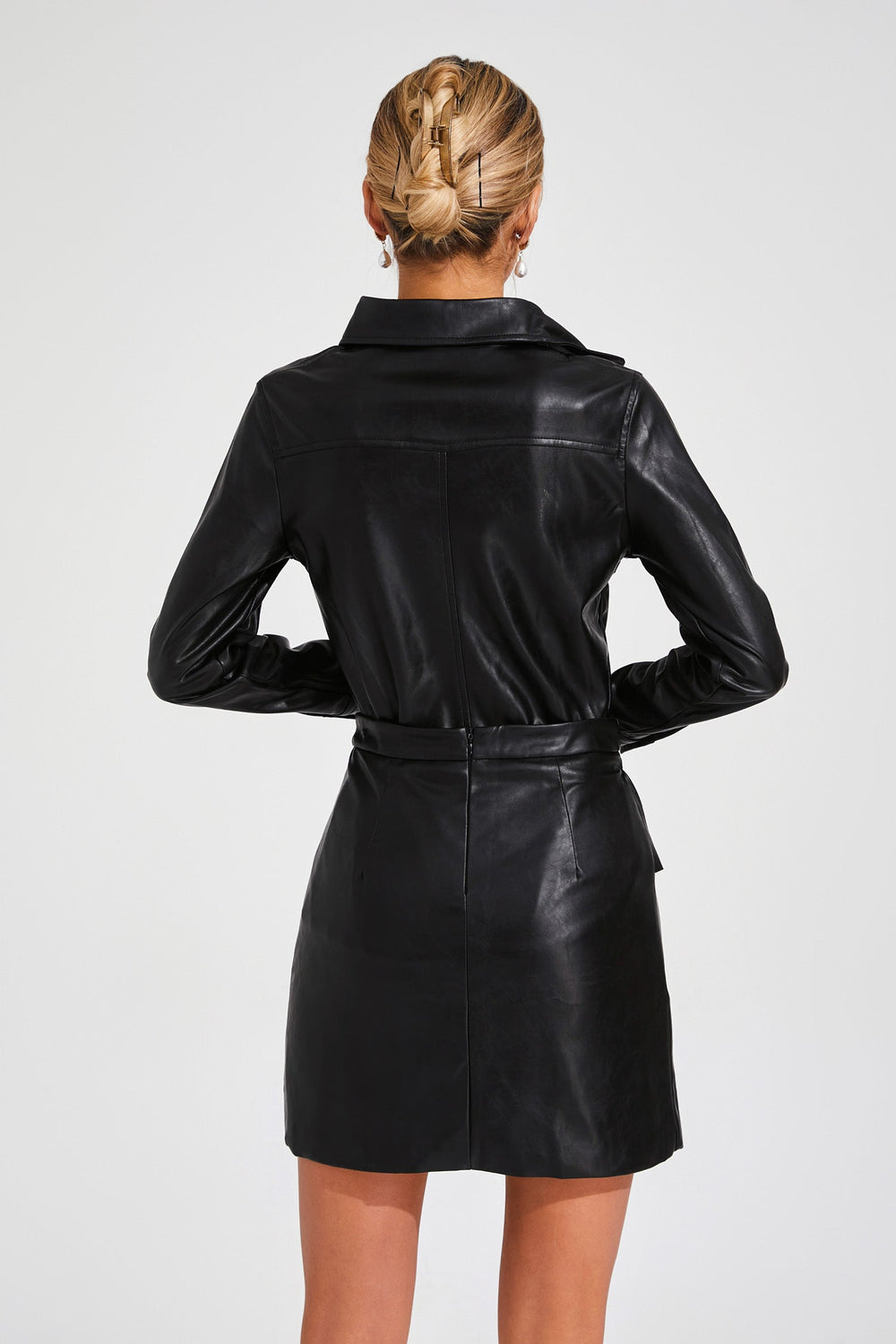 Kaeifa Black PU Leather Shirt Collar Gold Button Ruched Mini Skirt Set 