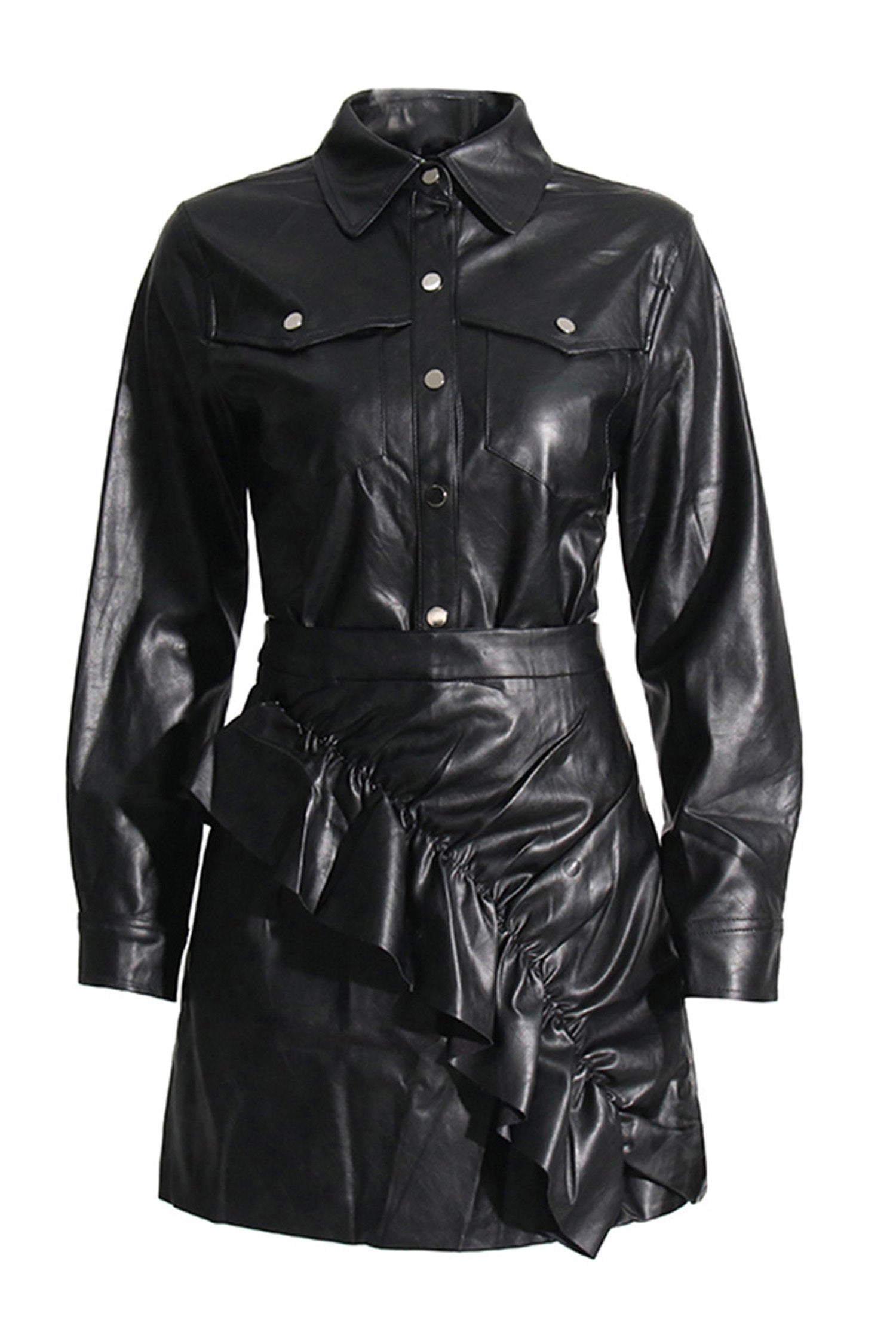Kaeifa Black PU Leather Shirt Collar Gold Button Ruched Mini Skirt Set 