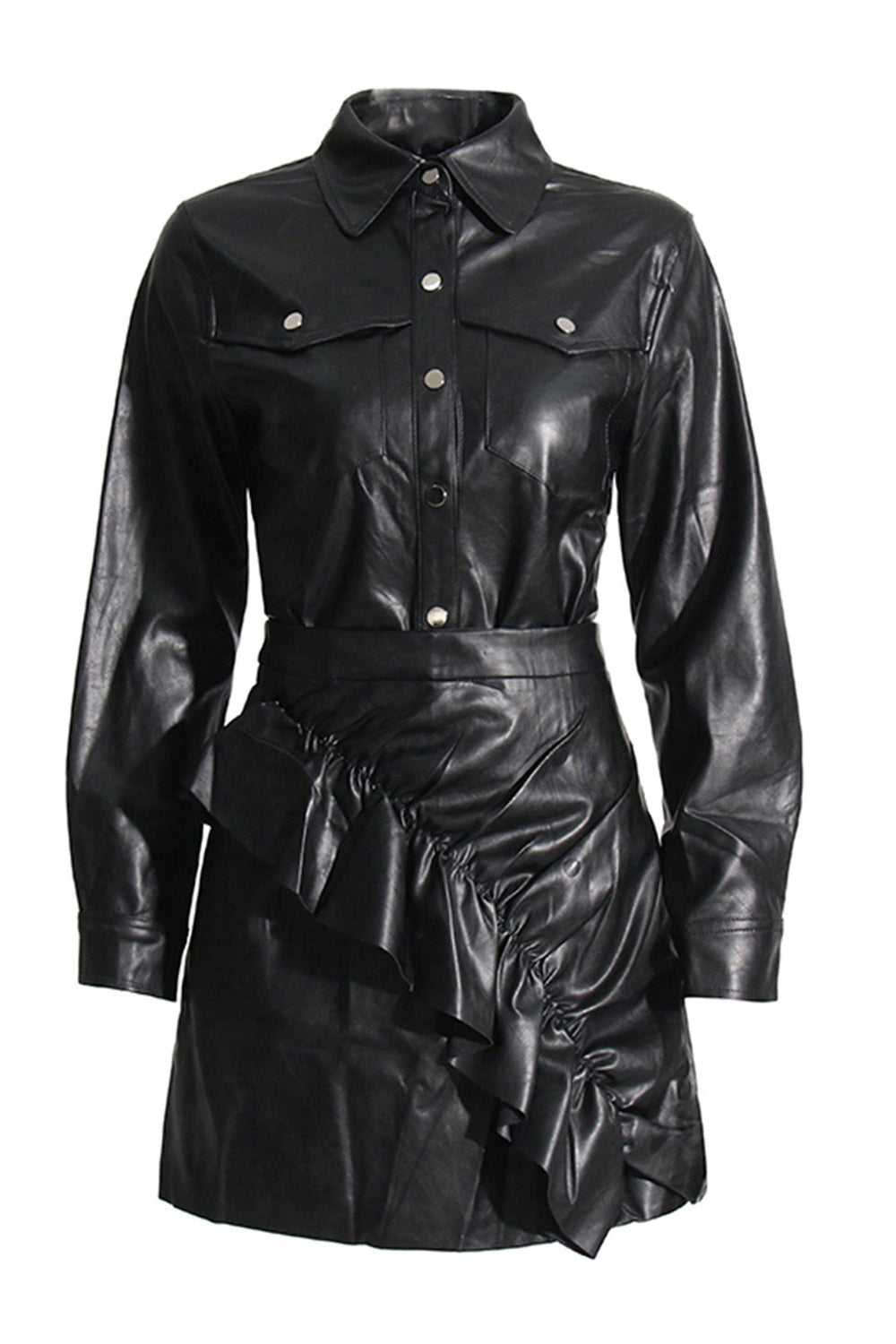Kaeifa Black PU Leather Shirt Collar Gold Button Ruched Mini Skirt Set 