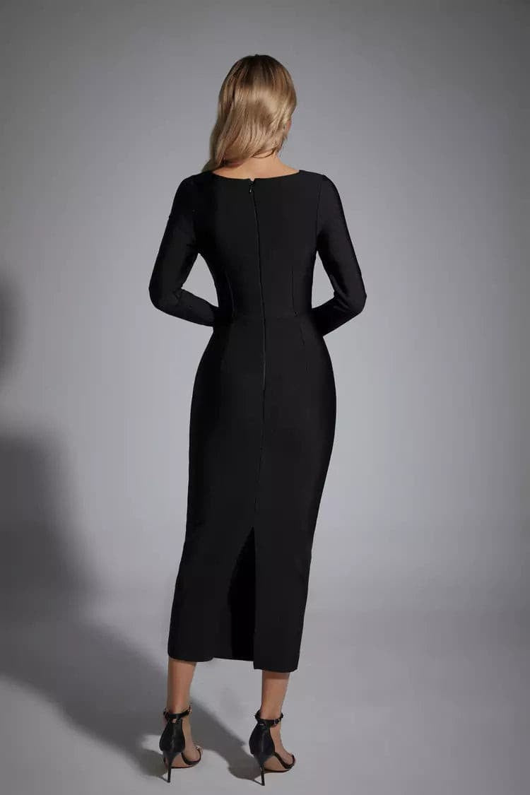 Kaeifa Black Sweetheart Cutout Long Sleeve Bodycon Midi Dress 